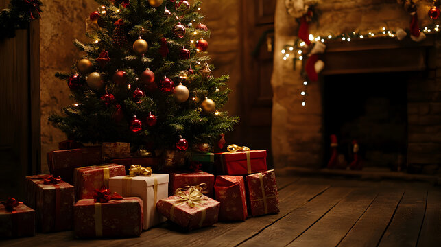 un arbol de navidad decorado con cajas navide&ntilde;as de regalos para la celebracion tradicional junto a una chimenea en una sala de una casa con decoracion navide&ntilde;a