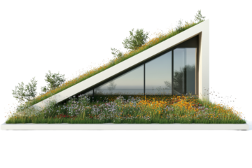 Modern green roof with grass and wildflowers, energyefficient building,,Isolated on transparent background.