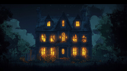 Haunted house with glowing windows and broken shutters