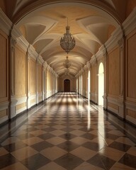 Obraz premium Long hallway with checkered floor and chandelier image
