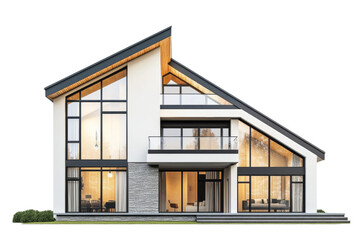 Modern two-story residential house with large windows and a sloping roof i,Isolated on transparent background