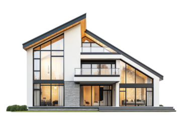 Modern two-story residential house with large windows and a sloping roof i,Isolated on transparent background