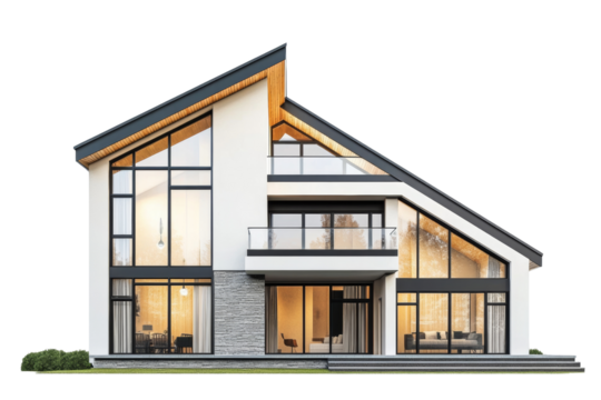 Modern two-story residential house with large windows and a sloping roof i,Isolated on transparent background