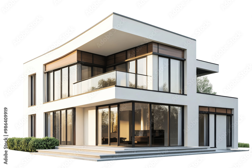 Poster modern two-story residential house with large windows and a sloping roof i,isolated on transparent b