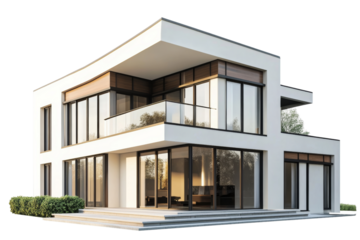 Modern two-story residential house with large windows and a sloping roof i,Isolated on transparent background