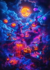 Vibrant and eye-catching graphic for a Halloween party poster that captures both the spooky Halloween atmosphere and the lively party vibe.