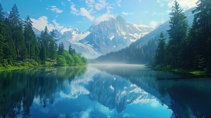 A tranquil mountain lake surrounded by dense pine forests and snow-capped peaks, with the water reflecting the surrounding landscape like a mirror