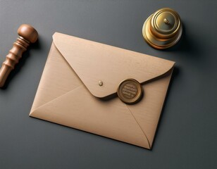 Briefumschlag und Firmenstempel auf grauem Hintergrund f&uuml;r Corporate Branding