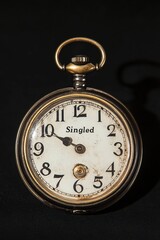 Vintage pocket watch with the time set at three o'clock. The clock's face is white and has black numbers
