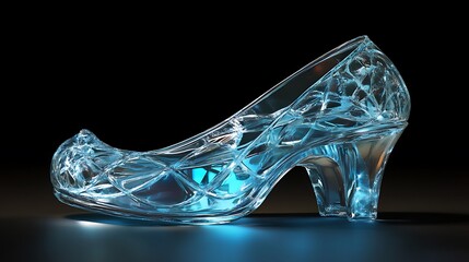 A transparent glass slipper with intricate designs, illuminated from below, resembling a fairy tale accessory.