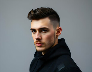 Obraz premium A young Caucasian man with short gray hair styled, wearing a ، black t-shirt, looking directly at the camera with a serious expression, studio shot,gray background