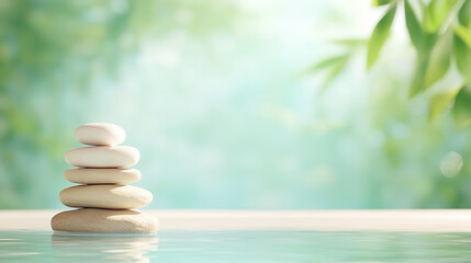 Obraz premium Calm water with stacked stones reflecting tranquility in a serene garden environment