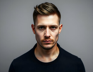 Obraz premium A young Caucasian man with short gray hair styled, wearing a ، black t-shirt, looking directly at the camera with a serious expression, studio shot,gray background
