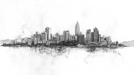 Sandakan, Malaysia, black and white pen pencil hand-drawn effect drawing illustration for travel poster, card, wallpaper, backdrop or banner. Modern, clear, artistic and simple