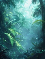 A lush green jungle with a light rain shower