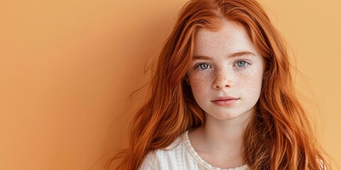 Naklejka premium Closeup of natural beauty ginger Irish little girl isolated on orange background. Fashion, beauty, skincare, kid cosmetics concept. Commercial portrait for banner, poster with copy space