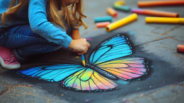 Child creating colorful chalk butterfly drawing on pavement joyful outdoor artistic expression. Chalk Art. Illustration