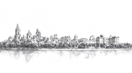 Fototapeta premium Santa Clara, Cuba, black and white pen pencil hand-drawn effect drawing illustration for travel poster, card, wallpaper, backdrop or banner. Modern, clear, artistic and simple