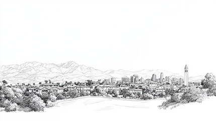Santa Clarita, California, black and white pen pencil hand-drawn effect drawing illustration for travel poster, card, wallpaper, backdrop or banner. Modern, clear, artistic and simple