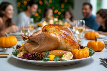 A family celebrating Thanksgiving dinner, with a beautifully set table and everyone gathered to give thanks