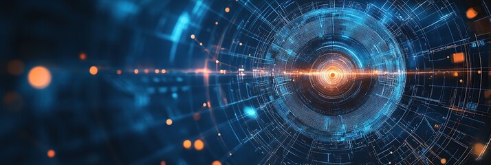 Fototapeta premium Abstract blue background with digital and futuristic elements, such as circles or lines representing
