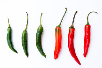 A picture of green chilies and red chilies. Green chilies are high in vitamin C and beta-carotene, making them good for the skin. 