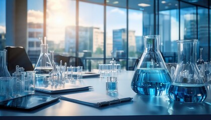 Scientific and science tools on a meeting table representing the role of scientific advisory boards in business strategy and innovation in industry at top level of management background