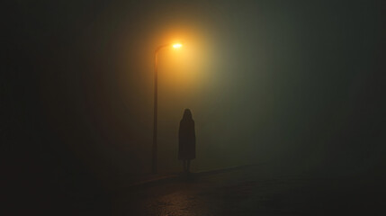 Creepy figure standing under a flickering streetlight in the fog