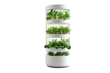 Hydroponic vertical garden system, advanced technology, clean and minimalist design,Isolated on transparent background.