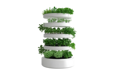 Hydroponic vertical garden system, advanced technology, clean and minimalist design,Isolated on transparent background.