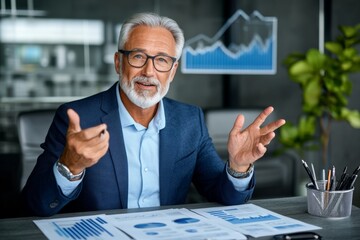 A financial consultant presenting a retirement plan, discussing investment options and growth projections