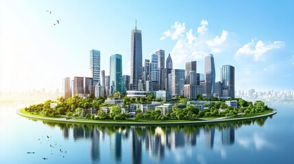 Obraz premium Green Cityscape Island Park with Skyscrapers and Reflection in Water