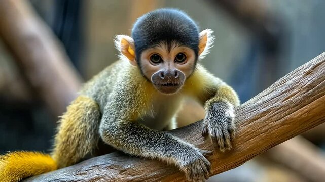 A baby monkey is sitting on a branch. The monkey is looking at the camera