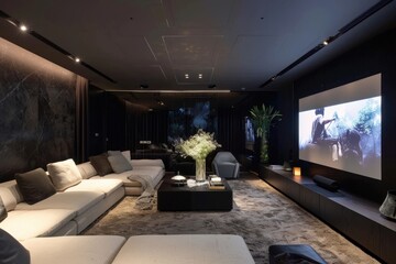 A large room with a big screen TV and a coffee table,generative ai image