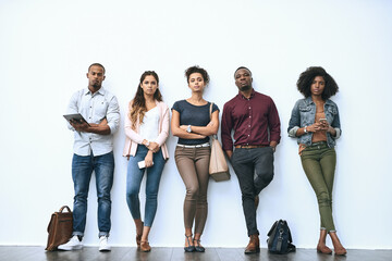 Business people, portrait and row for interview by office wall with hiring and tablet of creative...