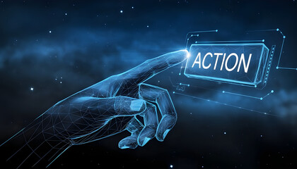 3d hand with index finger pressing or pushing button. Action or gesture concept in dark blue. Abstract vector image looks like starry sky. Digital polygonal wireframe with dots, lines and shapes. High