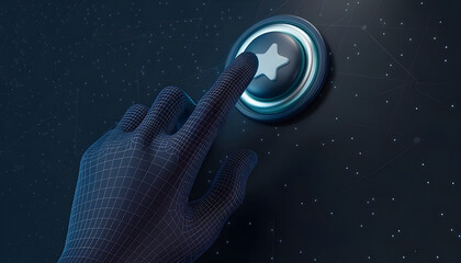 3d hand with index finger pressing or pushing button. Action or gesture concept in dark blue. Abstract vector image looks like starry sky. Digital polygonal wireframe with dots, lines and shapes. High