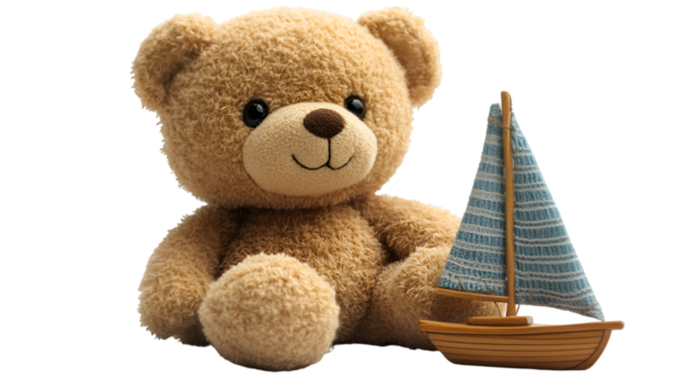 a teddy bear and a toy boat. 