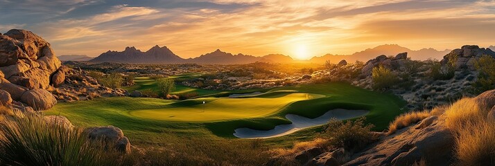 Beautiful golf course in the desert at sunset, beautiful landscape