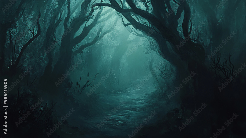 Wall mural haunted forest path with eerie shadows and twisted branches