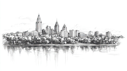Saskatoon, Canada, black and white pen pencil hand-drawn effect drawing illustration for travel poster, card, wallpaper, backdrop or banner. Modern, clear, artistic and simple