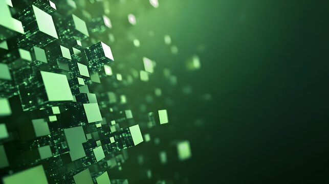 fondo verde con figuras de cuadros geometricos en relieve con concepto de tecnologia en movimiento con espacio de copia simetria visual datos de red