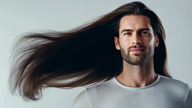 A man with long hair is standing in front of a white wall. He has a serious expression on his face