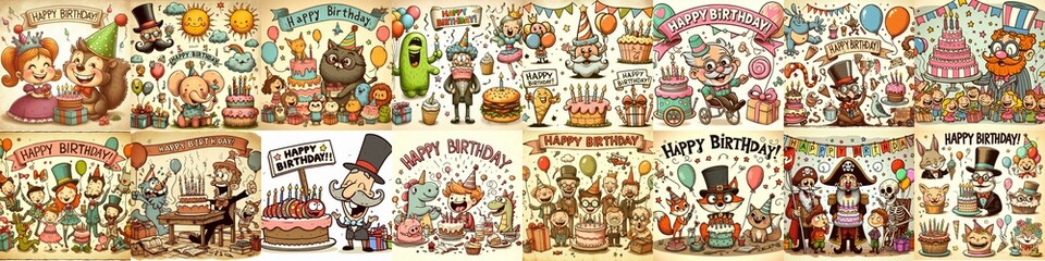 Fototapeta premium Vintage cartoon Happy Birthday. AI generated illustration