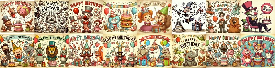 Fototapeta premium Vintage cartoon Happy Birthday. AI generated illustration