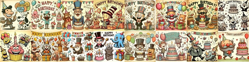 Fototapeta premium Vintage cartoon Happy Birthday. AI generated illustration