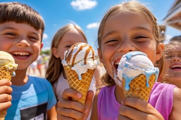 A group of children eating ice cream on a hot day, with big smiles and dripping cones