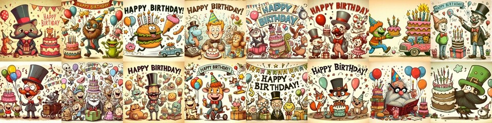 Fototapeta premium Vintage cartoon Happy Birthday. AI generated illustration