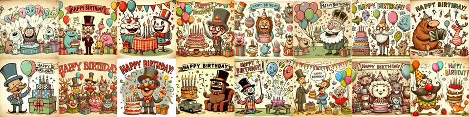 Vintage cartoon Happy Birthday. AI generated illustration