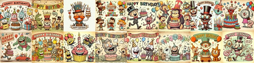 Fototapeta premium Vintage cartoon Happy Birthday. AI generated illustration
